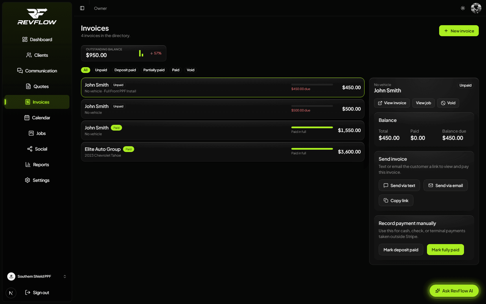 RevFlow invoices list with payment status and balance detail panel