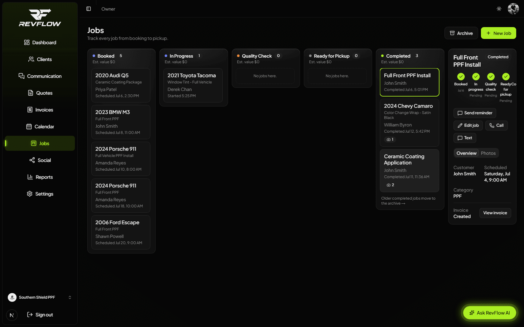 RevFlow jobs board with a five-stage pipeline from booked to completed